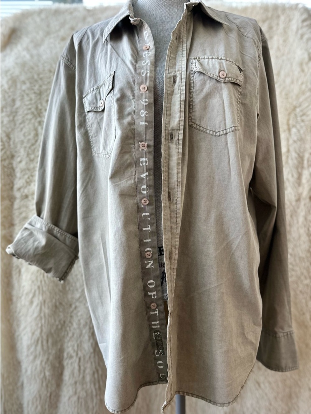 GUESS Vintage Light Olive Utility Button-Up Shirt